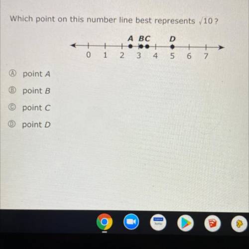 2

Which point on this number line best represents 10?
point A
point B
point C point D