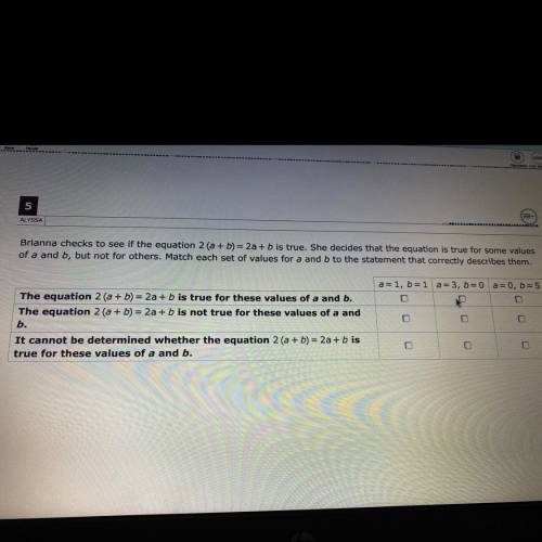 Brianna checks to see if the equation 2 (a + b) = 2a+ b is true. She decides that the equation is t