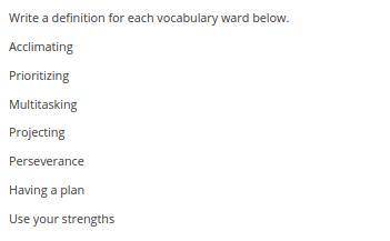 I need definetion for each word execpt for Perseverance and Prioritizing.