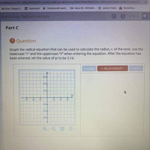 Graph the radical equation that can be used to calculate the radius, r, of the tank. Use the lowerc