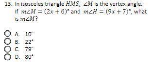 N isosceles triangle ,∠is the vertexangle. If∠=(2+6)°and ∠=(9+7)°, what is∠?