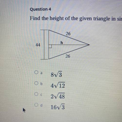 Help please, Find the height of the given triangle in simplest radical form