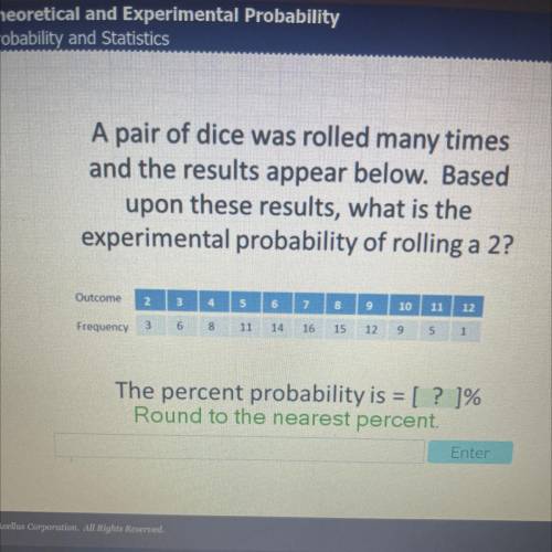 A pair of dice was rolled many times

and the results appear below. Based
upon these results, what