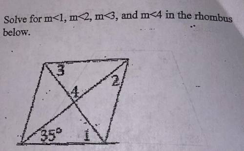 Solve for measure of angle 1, angle 2, angle 3, and angle 4 in the rhombus