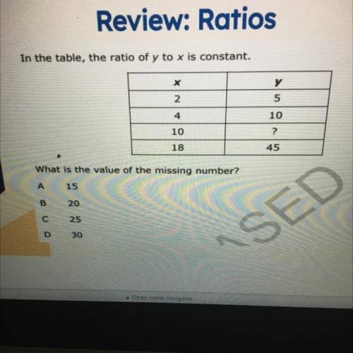 In the table, the ratio of y to x is constant.

y
5
2
4
10
10
?
18
45
What is the value of the mis