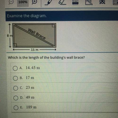 Wall Brace

8 m
15 m
Which is the length of the building's wall brace?
O A. 14.45 m
B. 17 m
O C. 2