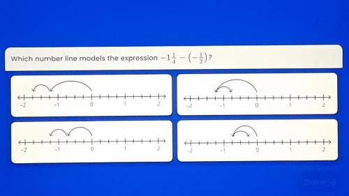 Which number line models the expression –1 1/4 — (-1/2)​