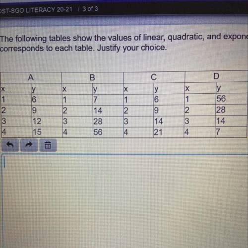 Can someone PLZZ help me!!!?

The following tables show the values of linear, quadratic, and expon