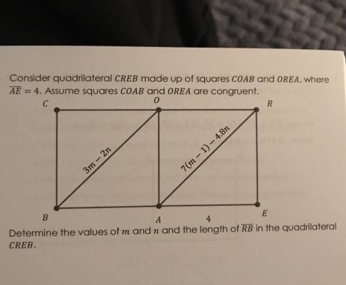 Consider quadrilateral CREB made up of squares COAB and OREA, where AE=4. Assume squares COAB and O