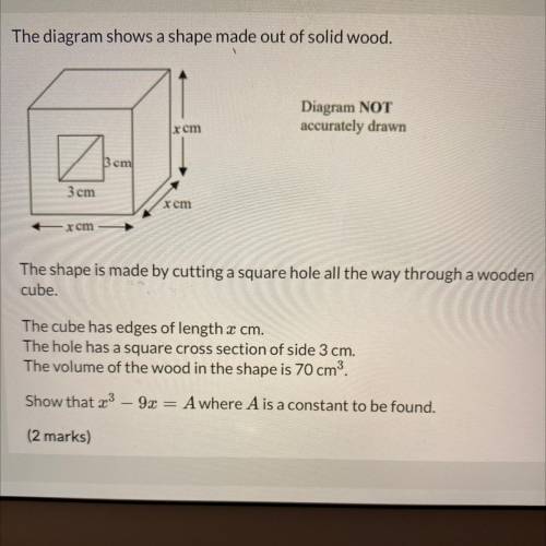 The diagram shows a shape made out of solid wood. The shape is made by cutting a square hole all th