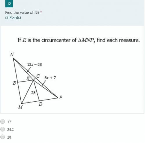 Find the vaule of NE, If E is the circumcenter of ∆MNP, find each measure