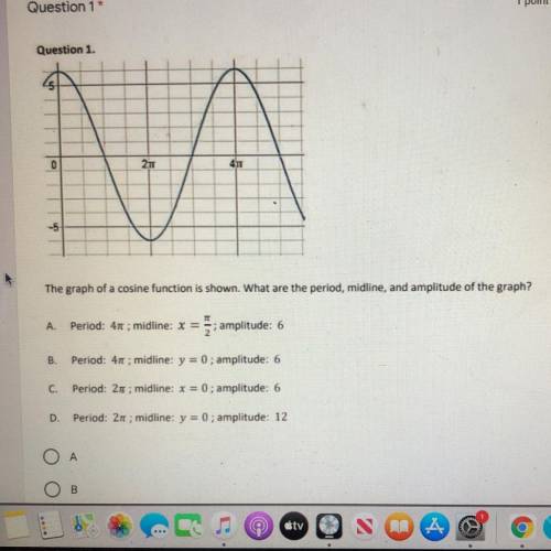 Question 1

1 point
Question 1.
0
20
4TV
5
The graph of a cosine function is shown. What are the p