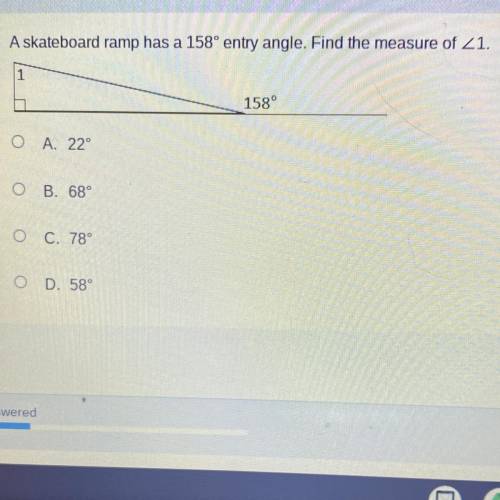 A skateboard ramp has a 158° entry angle. Find the measure of 1