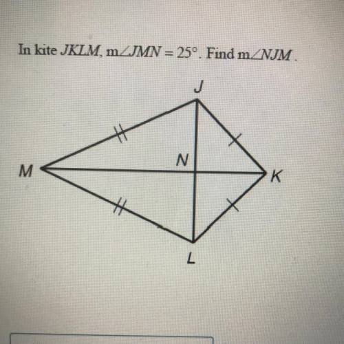 In kite JKLM, m_JMN = 25°. Find m/NJM.
