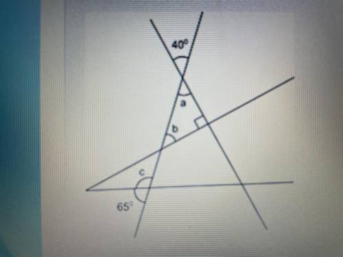 HELP ASAP-What are the measures of Angles a, b, and c? Show your work and explain your answers.

4