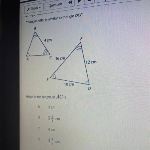 Triangle ABC is similar to triangle DEF. what is the length of AC?