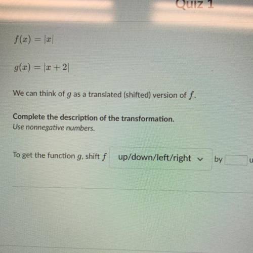 F(x) = 2

g(x) = |x+2|
We can think of g as a translated (shifted) version of f.
Complete the desc