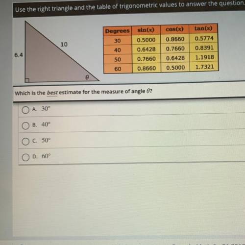 Use the right triangle and the table of trigonometric values to answer the question.

Degrees
sin(