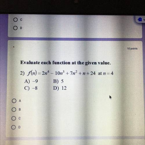 Please help

Evaluate each function at the given value.
2) f(n)