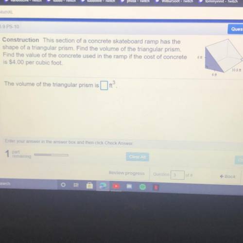 This section of a concrete skateboard ramp has the shape of triangular prism. Find the volume of th