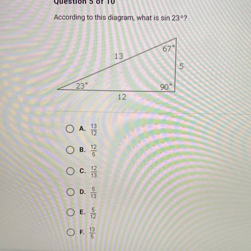 According to this diagram, what is sin 23°?
67°
13
5
23°
90°
12