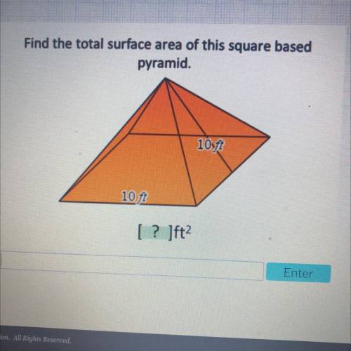 Find the total surface area of this square based

pyramid.
1077
10 ft
[? ]ft2
Enter