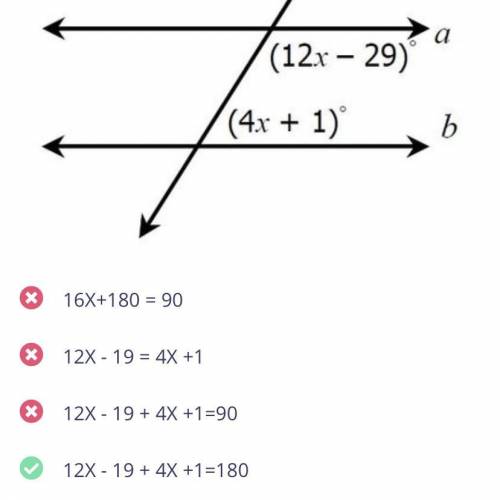 Show me how to find x using the correct equation shown here (geometry)