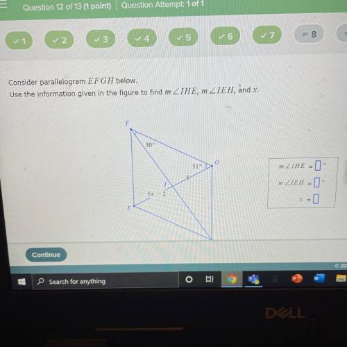 Consider parallelogram EFGH below.

Use the information given in the figure to find m ZIHE, m ZIEH