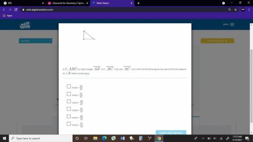 If triangle ABC is a right triangle AB is 21, BC is 42, and AC is 47, which of the following can be