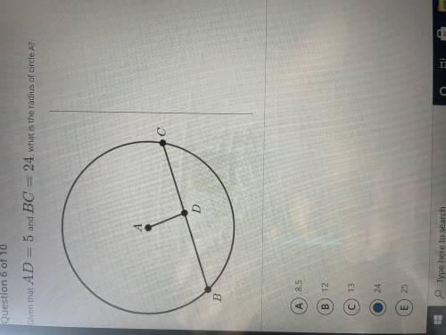 GIVEN THAT AD = 5 and BC = 24, what is the radius of circle A?