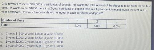 Calvin wants to invest $16,000 in certificates of deposit. He wants the total interest of the depos