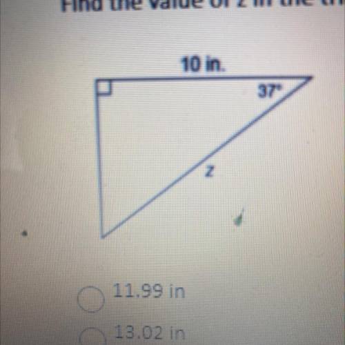 Find the value of z in the triangle below to the nearest hundredth.

11.99in 
13.02 
12.88
12.52