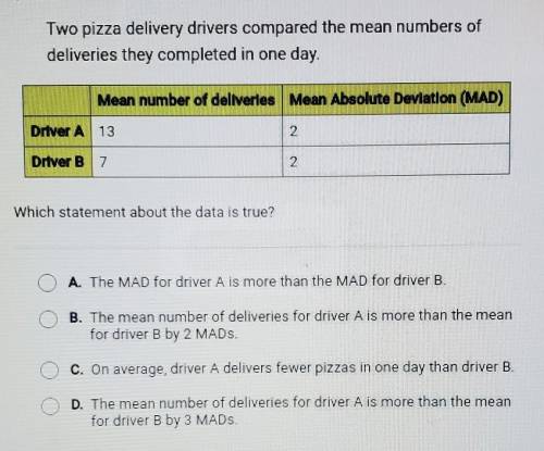 Which statement about the data is true?

A. The MAD for driver A is more than the MAD for driver B