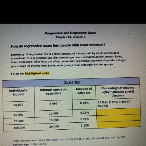 Fill in the highlighted cells.

Sales Tax
Individual's
Income
Amount spent on
essentials
Amount of