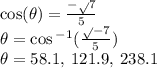 \cos( \theta)  =  \frac{ - \sqrt{}  7}{5}  \\  \theta =  \cos {}^{ - 1} (  \frac{ \sqrt{}  - 7}{5} ) \\  \theta = 58.1 \degree, \: 121.9 \degree,  \: 238.1 \degree