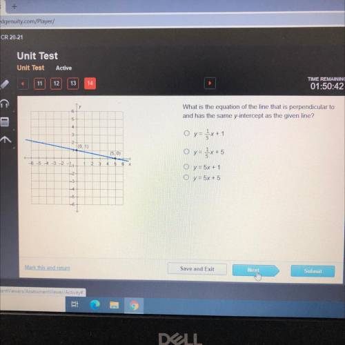 What is the equation of the line that is perpendicular to

and has the same y-intercept as the giv