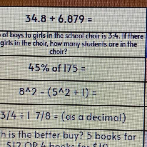 Title

34.8 + 6.879 -
4
The ratio of boys to girls in the school’s choir is 5:4. If there
are 12 g
