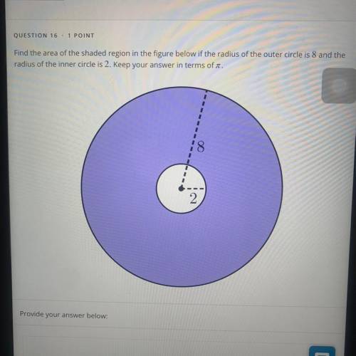 Find the area of the shaded region in the figure below if the radius of the outer circle is 8 and t