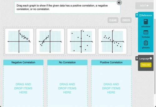 Drag each graph to show if the given data has a positive correlation, a negative correlation, or no