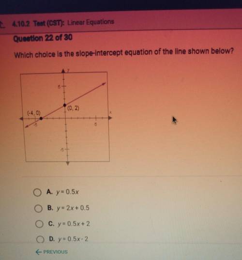 L 4.10.2 Test (CST): Linear Equations Question 22 of 30 Which choice is the slope-intercept equatio