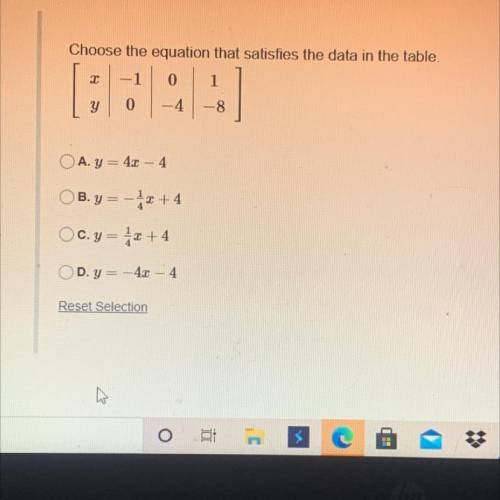 Choose the equation that satisfies the data in the table