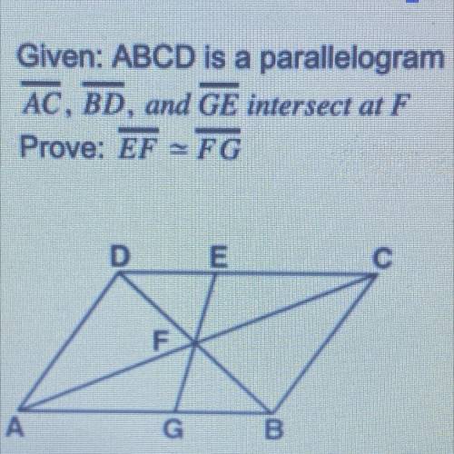 Given: ABCD is a parallelogram
AC, BD, and GE intersect at F
Prove: EF -FG
