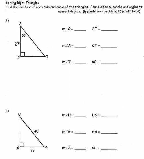 Solving Right Triangles

Find the measure of each side and angle of the triangles. Round sides to