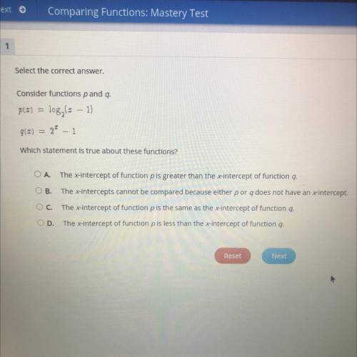 Select the correct answer.

Consider functions p and q.
pix) = loglt 1)
gir) = 2 – 1
Which statem