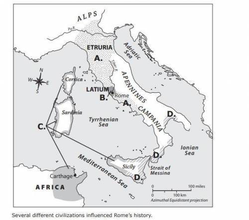 PLEASE HELP ME! Using the letters on the map as a guide, label the location of the Etruscans, Greek