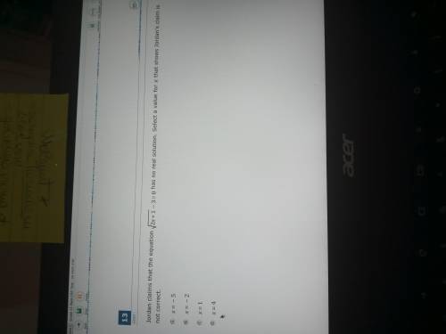 Jordan claims that the equation 2 x + 1 - 3 equals 0 has no real solution. Select a value for x the