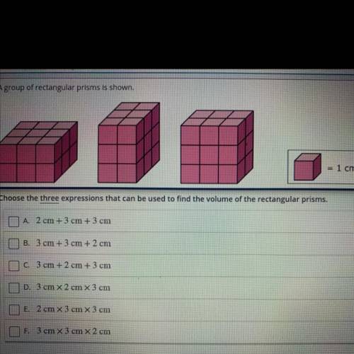 A group of rectangular prisms is shown. Choose the three expressions that can be used to fine the v
