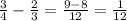 \frac{3}{4}  -  \frac{2}{3}  =  \frac{9 - 8}{12}  =  \frac{1}{12}