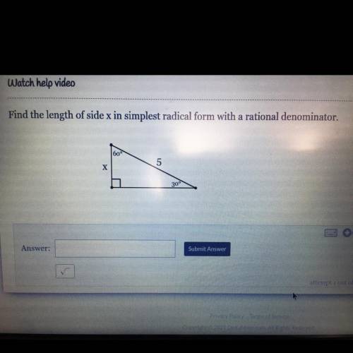 Find the length of side x in simplest radical form with a rational denominator.