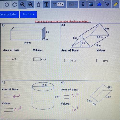 Find the volume and area of base for each problem in the picture: